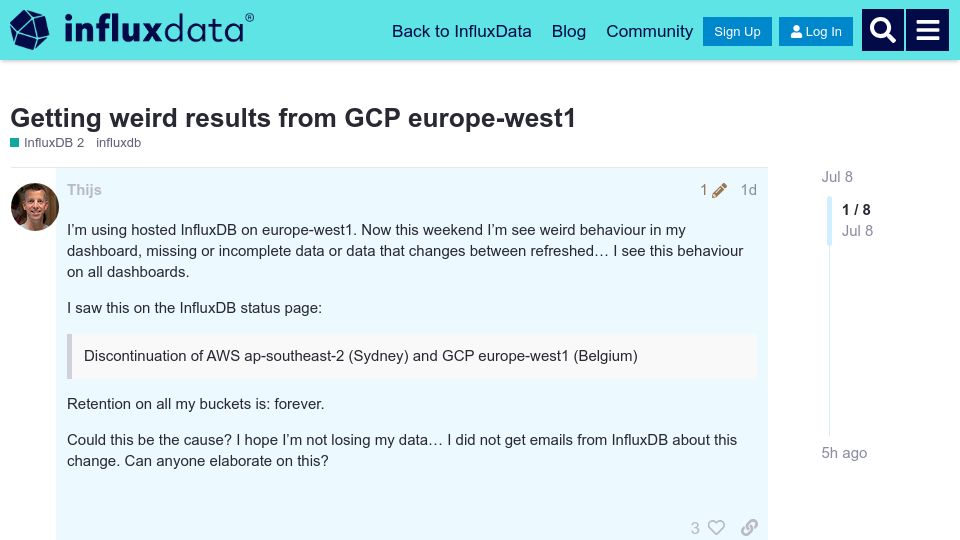 Screenshot of community.influxdata.com: InfluxDB Cloud shuts down in Belgium; some weren't notified before data deletion