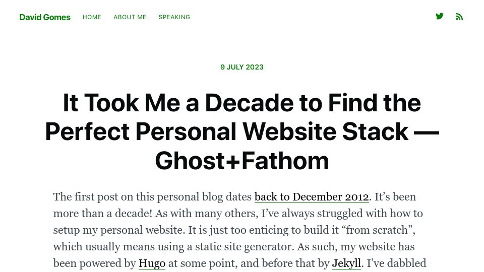 Screenshot of davidgomes.com: It Took Me a Decade to Find the Perfect Personal Website Stack – Ghost+Fathom