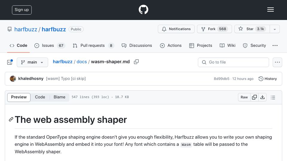 Screenshot of github.com: The Web Assembly Shaper