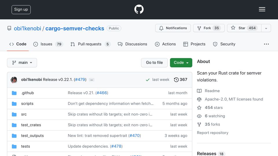 Screenshot of github.com: Cargo-semver-checks: Scan your Rust crate for semver violations