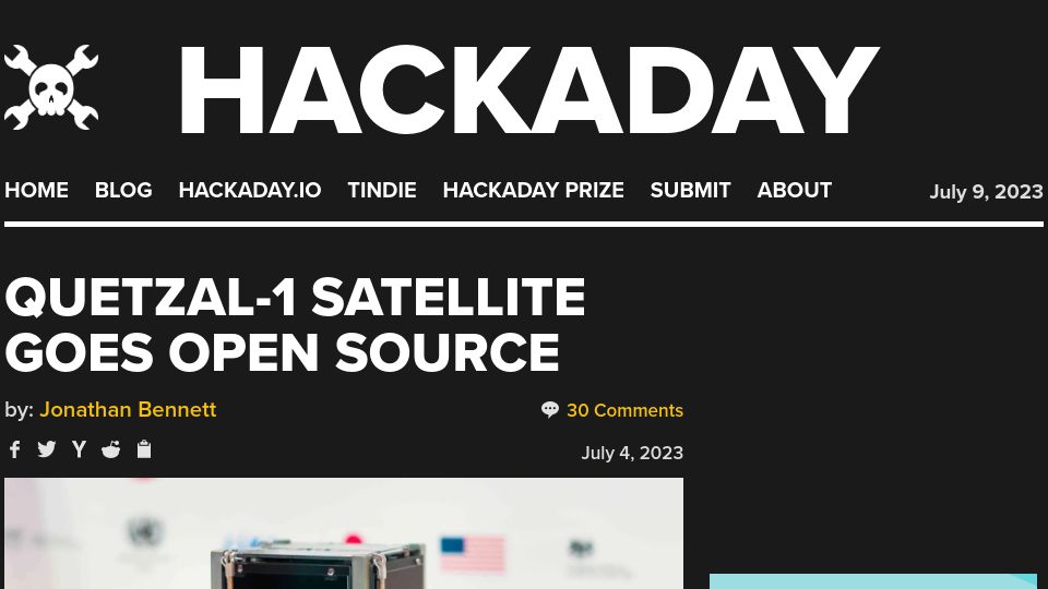 Screenshot of hackaday.com: Quetzal-1 Satellite Goes Open Source