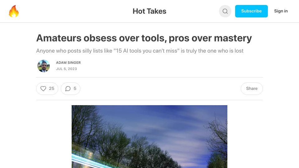 Screenshot of adamsinger.substack.com: Amateurs obsess over tools, pros over mastery