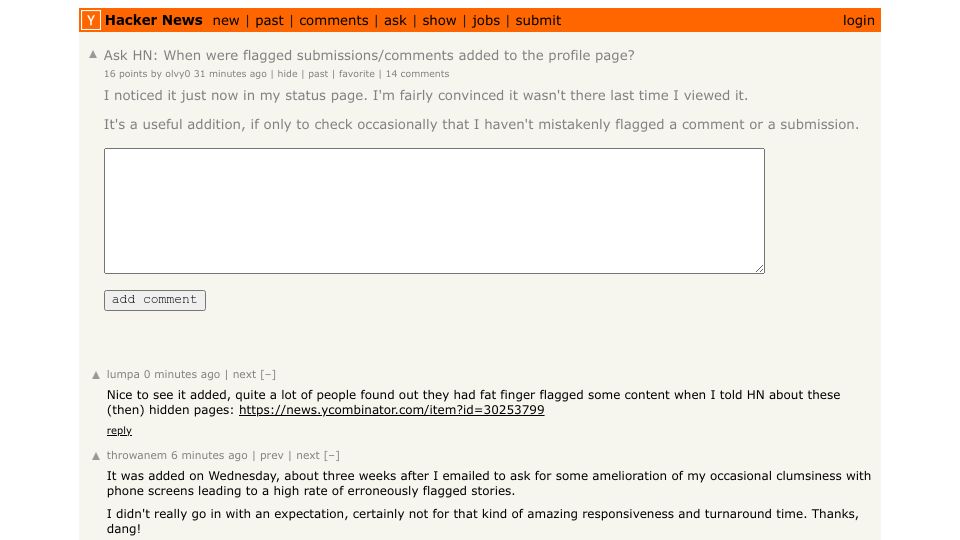 Screenshot of Hacker News post: Ask HN: When were flagged submissions/comments added to the profile page?