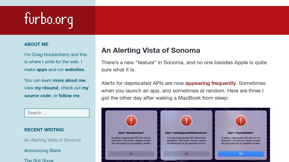 Screenshot of furbo.org: An Alerting Vista of macOS Sonoma