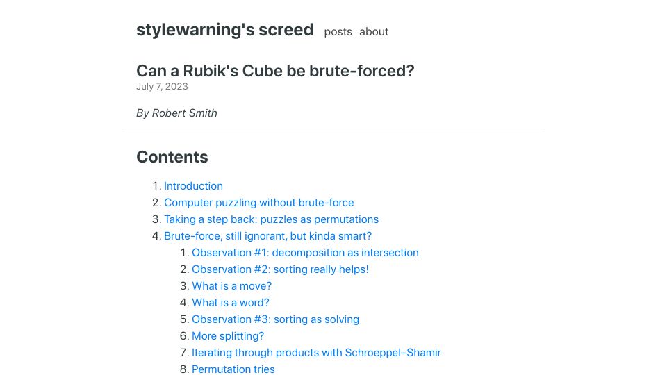 Screenshot of stylewarning.com: Can a Rubik's Cube be brute-forced?