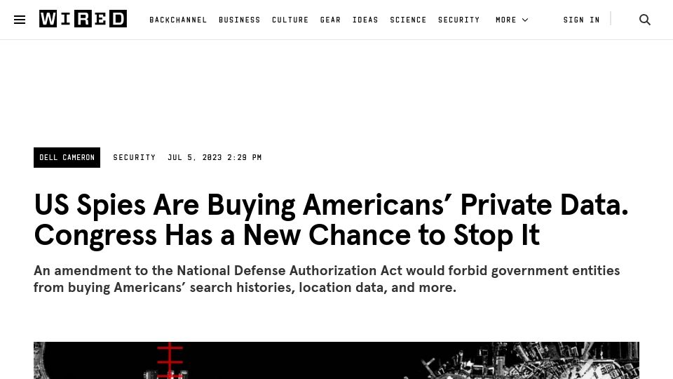 Screenshot of wired.com: US spies are buying Americans’ data – Congress has a new chance to stop it