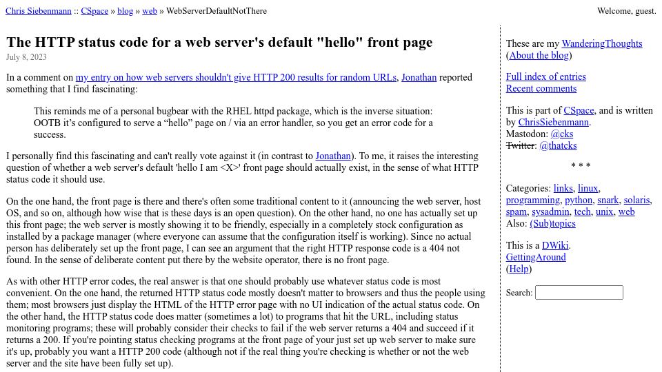 Screenshot of utcc.utoronto.ca: The HTTP status code for a web server's default “hello” front page