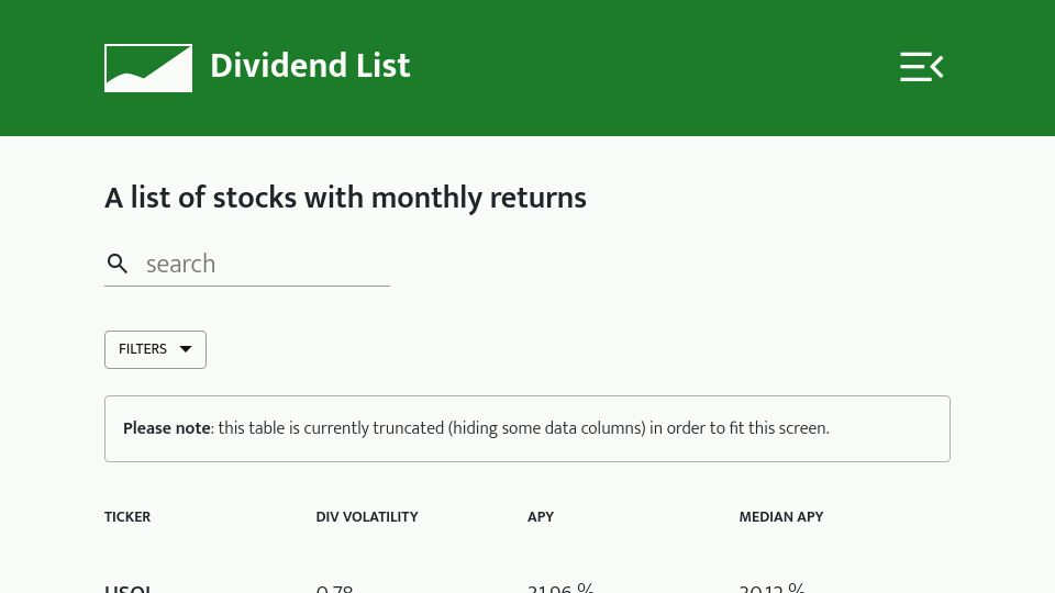 Screenshot of thedividendlist.com: Show HN: An index of all monthly dividend stocks