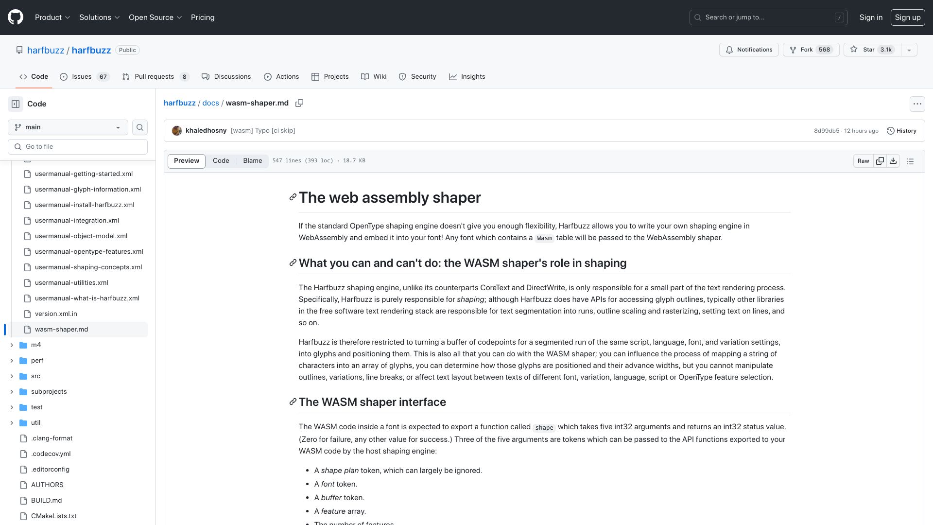 Screenshot of github.com: The Web Assembly Shaper