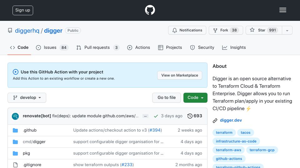Screenshot of github.com: Show HN: Digger – Open Source Terraform automation and collaboration tool