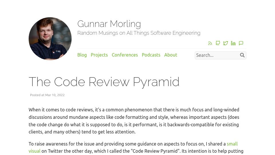 Screenshot of morling.dev: The Code Review Pyramid (2022)