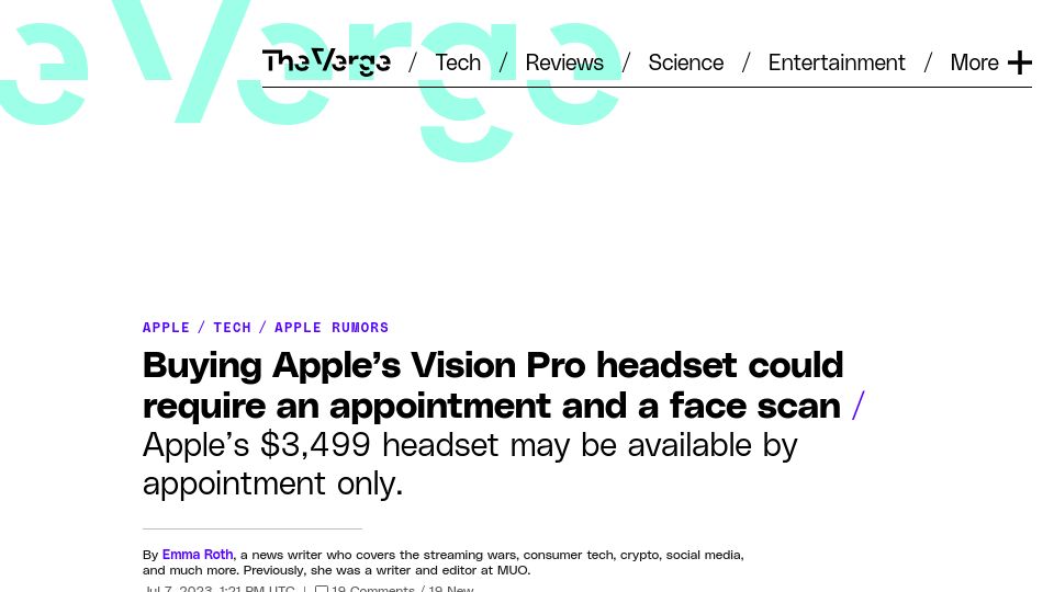 Screenshot of theverge.com: Buying Apple’s Vision Pro headset could require an appointment and a face scan