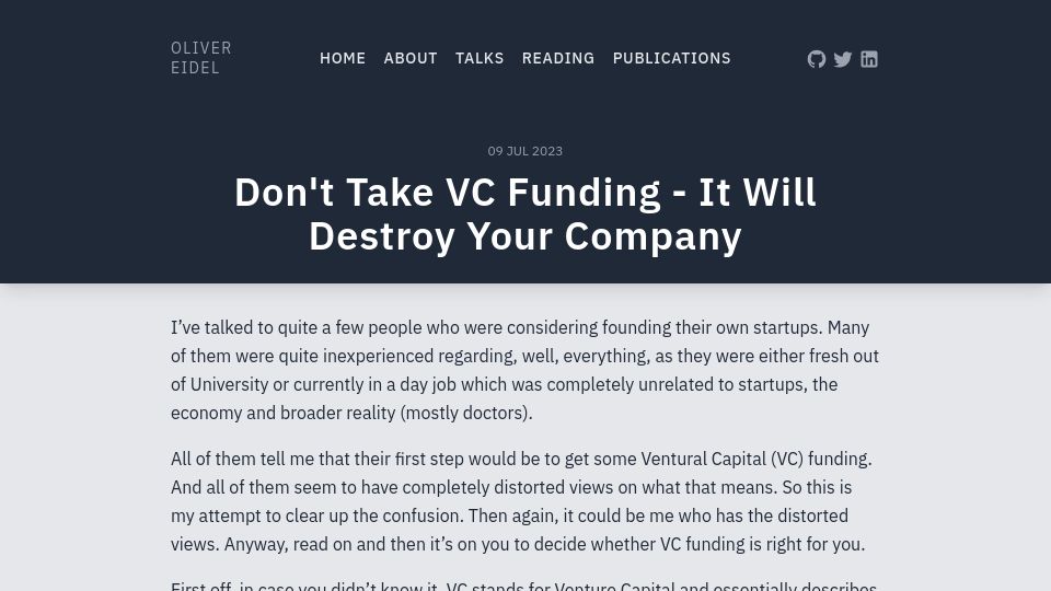 Screenshot of eidel.io: Don't Take VC Funding – It Will Destroy Your Company