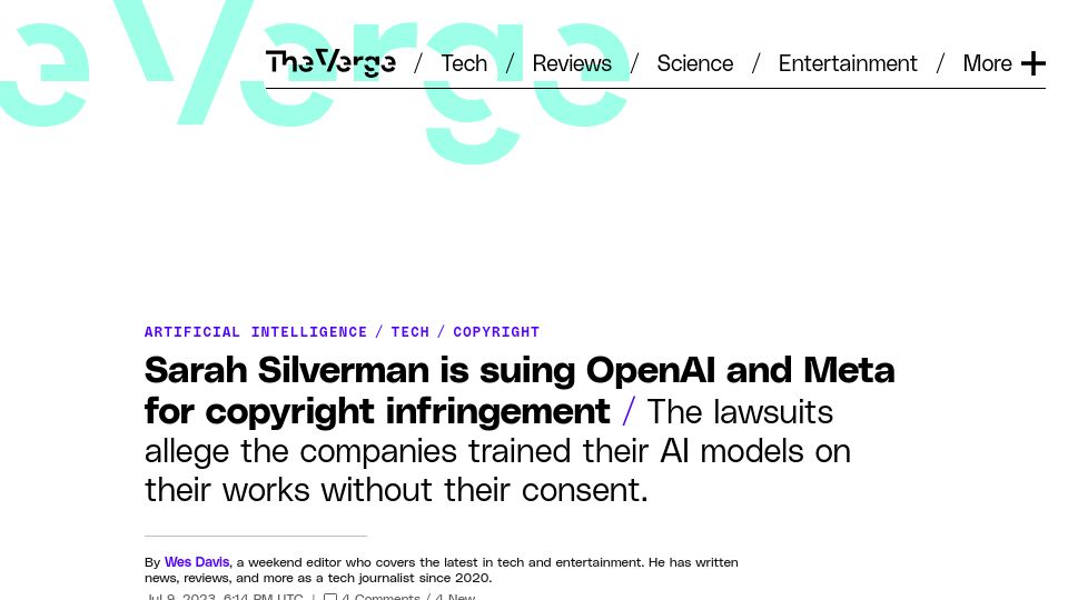 Screenshot of theverge.com: Sarah Silverman is suing OpenAI and Meta for copyright infringement