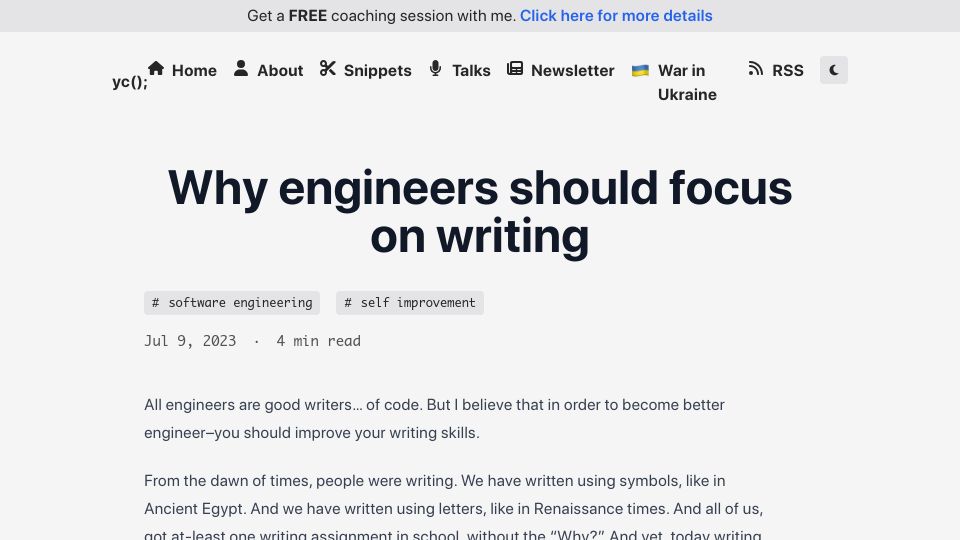 Screenshot of yieldcode.blog: Engineers should focus on writing