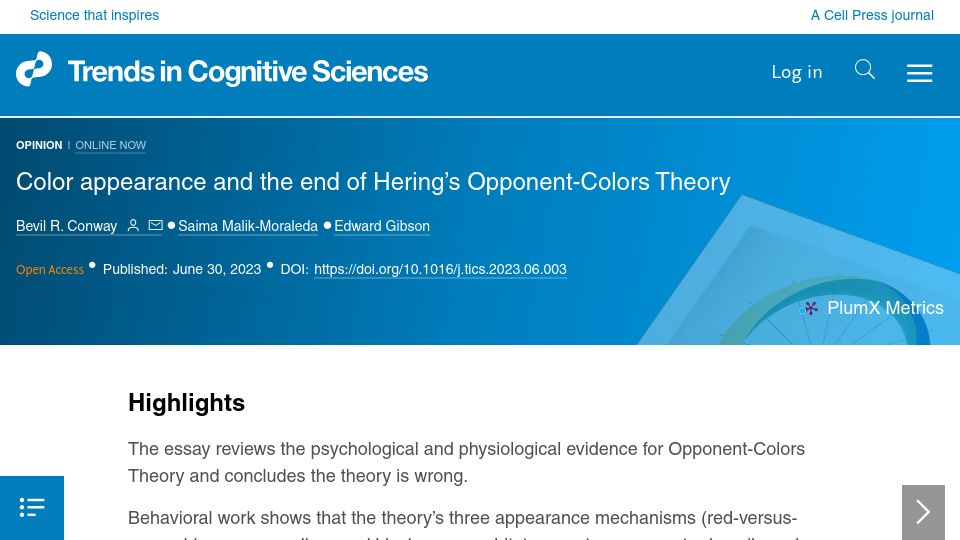 Screenshot of cell.com: Color appearance and the end of Hering’s Opponent-Colors theory