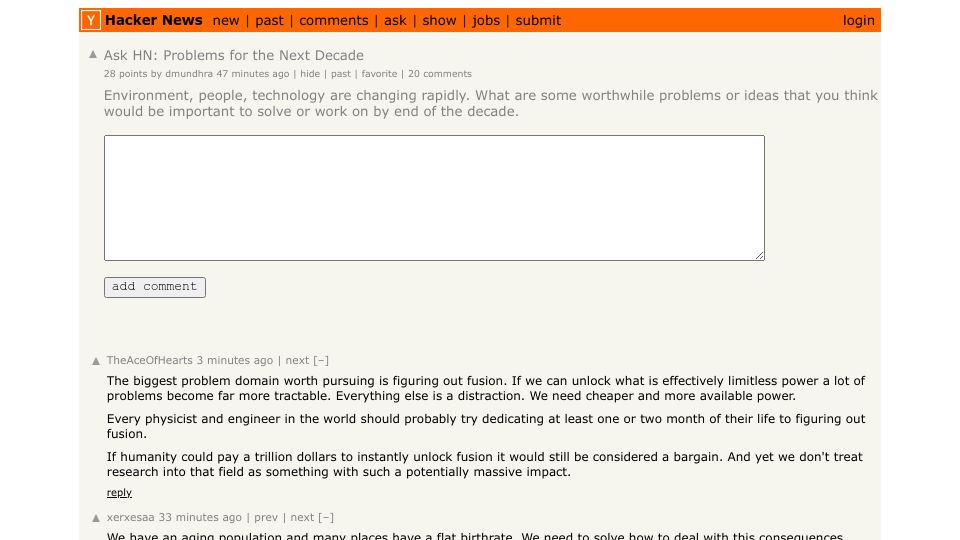 Screenshot of Hacker News post: Ask HN: Problems for the Next Decade