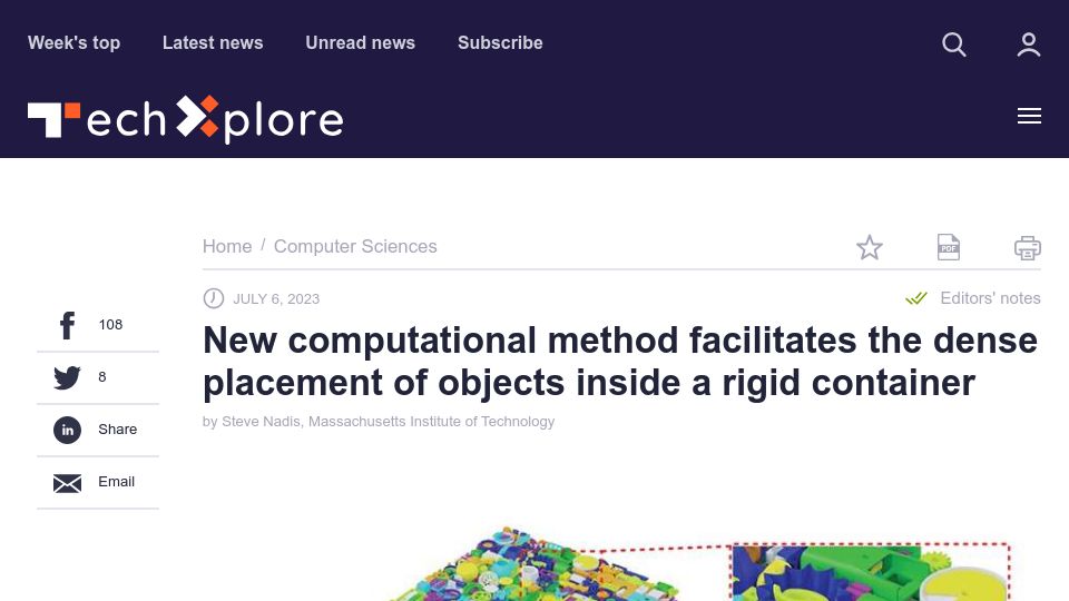 Screenshot of techxplore.com: A new method for packing objects inside a rigid container