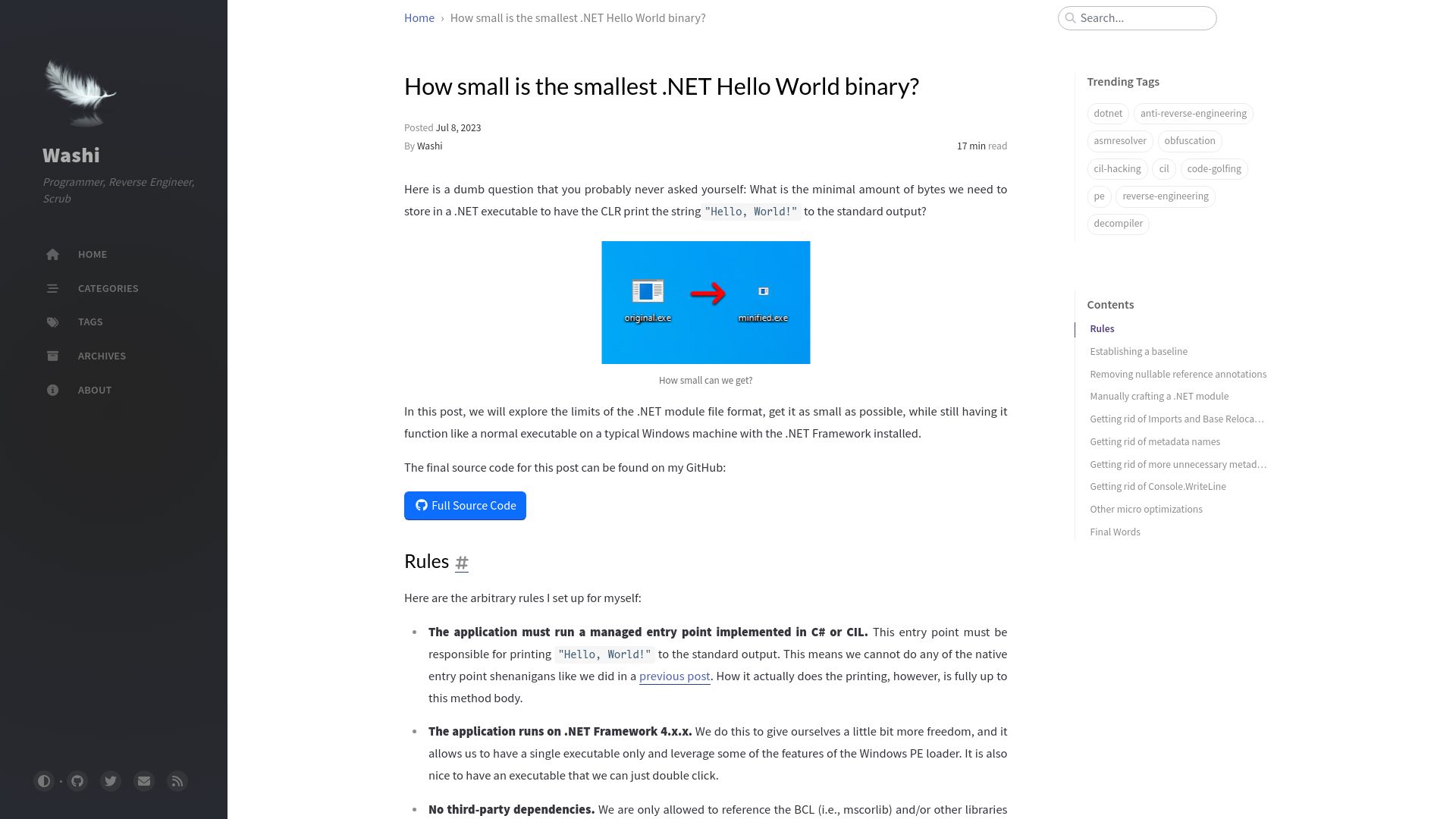 Screenshot of blog.washi.dev: How small is the smallest .NET Hello World binary?