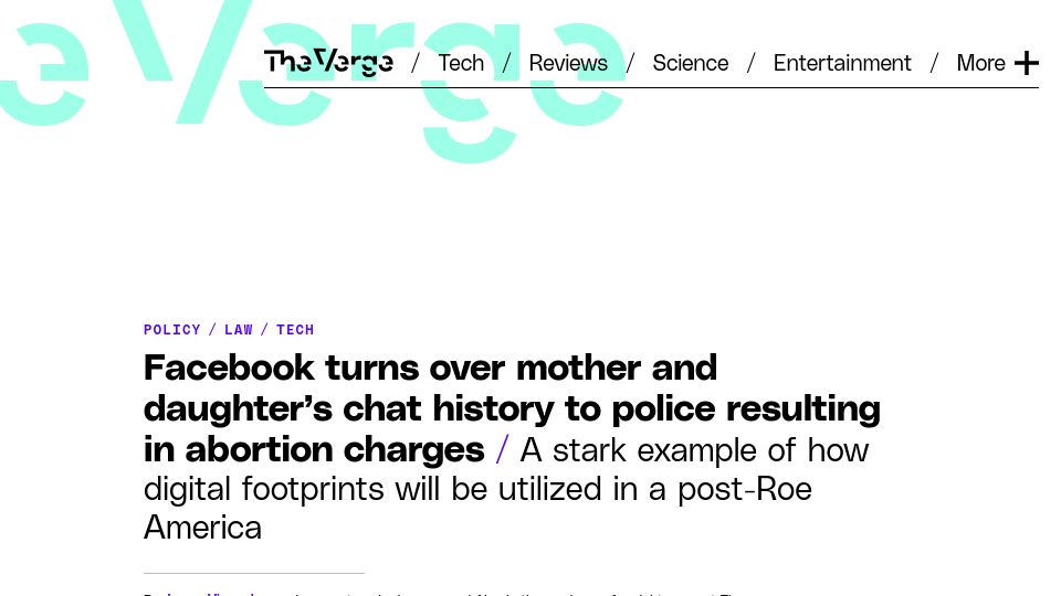 Screenshot of theverge.com: Facebook turns over a family’s chats to police resulting in abortion charges