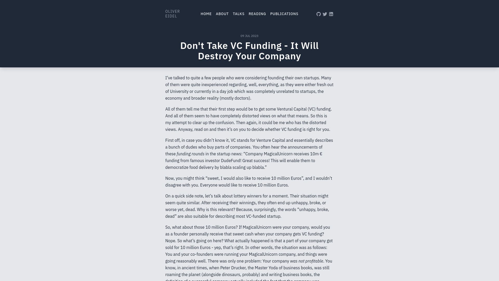 Screenshot of eidel.io: Don't Take VC Funding – It Will Destroy Your Company