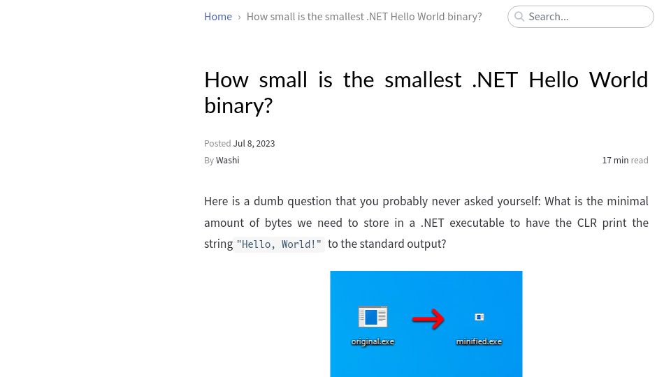 Screenshot of blog.washi.dev: How small is the smallest .NET Hello World binary?