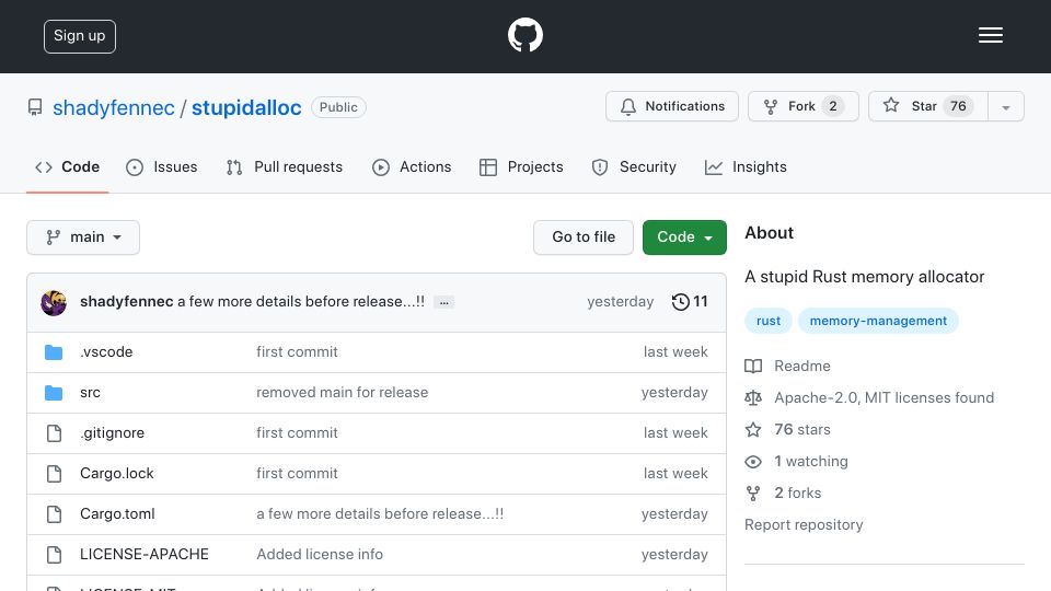 Screenshot of github.com: Stupid alloc – what if memory allocation was annoying