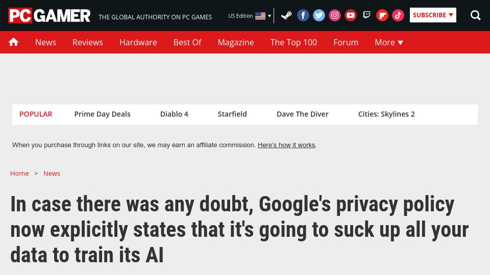Screenshot of pcgamer.com: Google's Privacy Policy Now Admits to Collecting All Your Data for AI Training