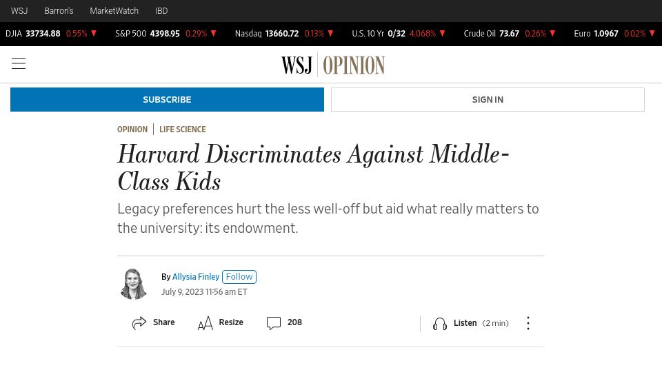 Screenshot of wsj.com: Harvard Discriminates Against Middle-Class Kids