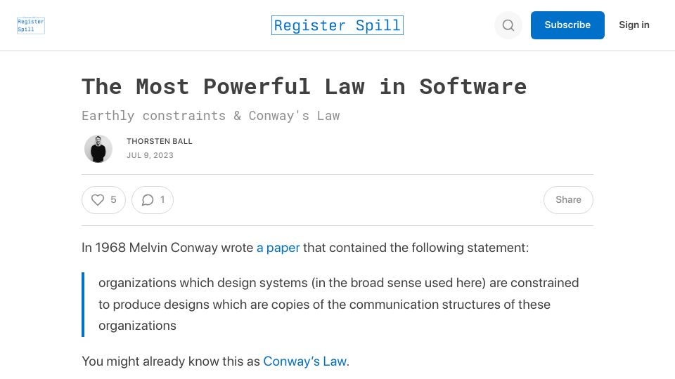 Screenshot of registerspill.thorstenball.com: The Most Powerful Law in Software