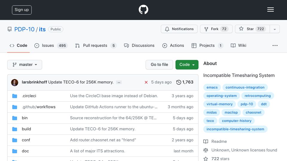 Screenshot of github.com: PDP-10 Incompatible Timesharing System emulator