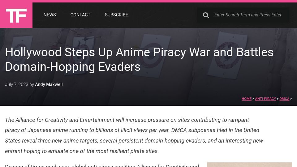 Screenshot of torrentfreak.com: Hollywood steps up anime piracy war and battles domain-hopping evaders