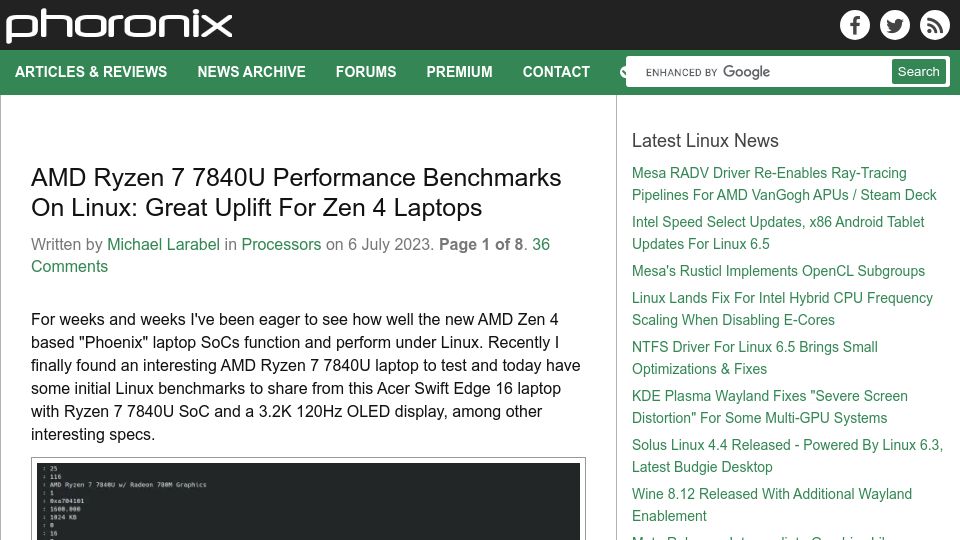 Screenshot of phoronix.com: AMD Ryzen 7 7840U Performance Benchmarks on Linux