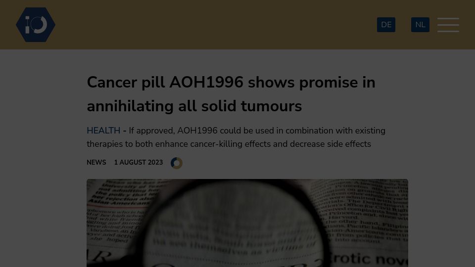 Screenshot of innovationorigins.com: Cancer pill AOH1996 shows promise in annihilating all solid tumours