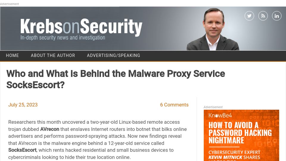 Screenshot of krebsonsecurity.com: Who and What Is Behind the Malware Proxy Service SocksEscort?