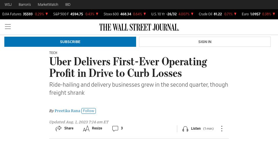 Screenshot of wsj.com: Uber posts first quarterly net profit