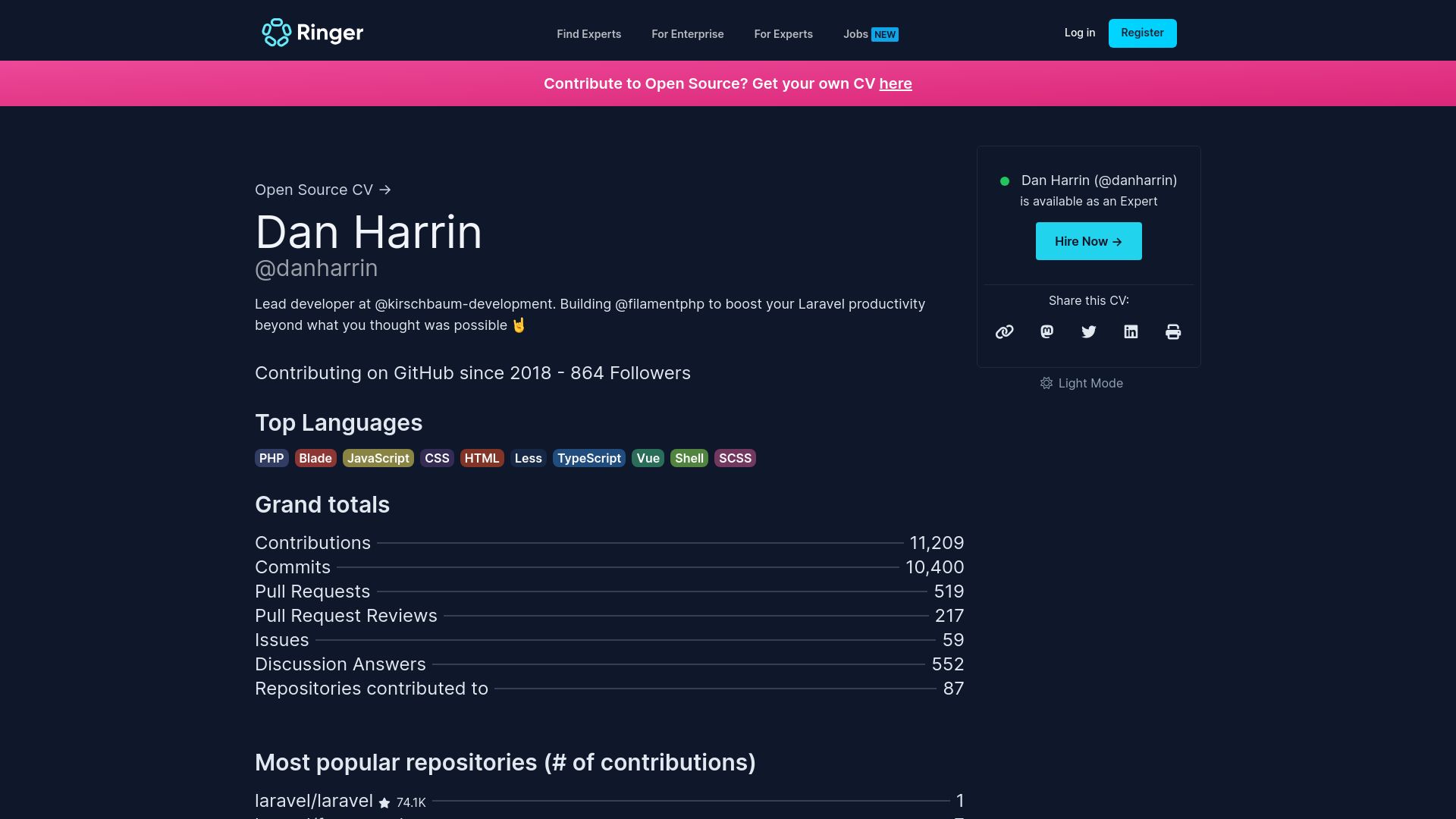 Screenshot of ringerhq.com: Show HN: Generate a CV-style history for open-source contributors on GitHub