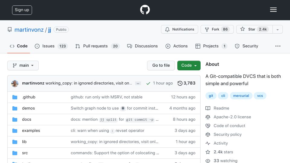 Screenshot of github.com: Jujutsu: A Git-compatible DVCS that is both simple and powerful