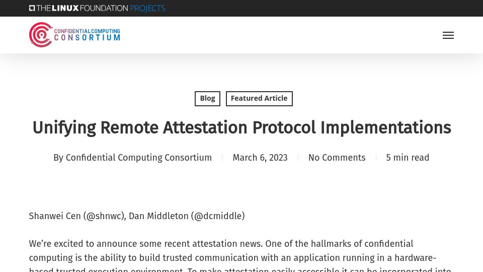 Screenshot of confidentialcomputing.io: Remote Attestation TLS (RA-TLS)