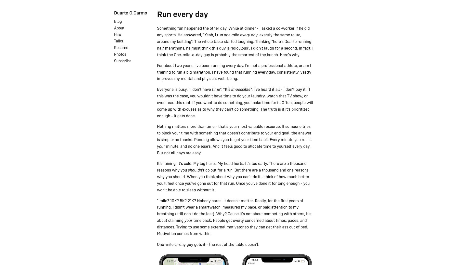 Screenshot of duarteocarmo.com: Run every day (2021)