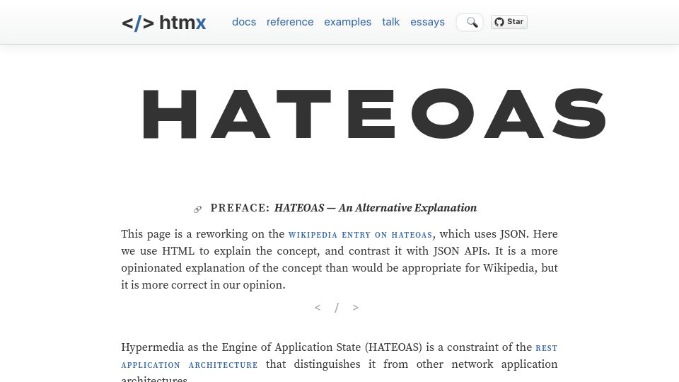 Screenshot of htmx.org: HATEOAS: Hypermedia as the Engine of Application State