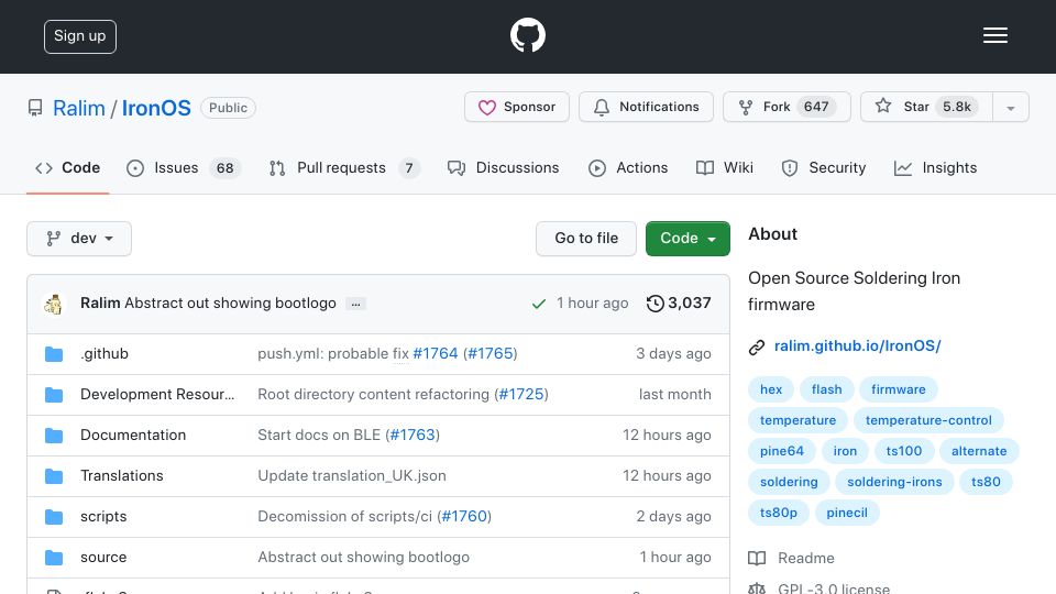 Screenshot of github.com: IronOS: Open-source soldering iron firmware