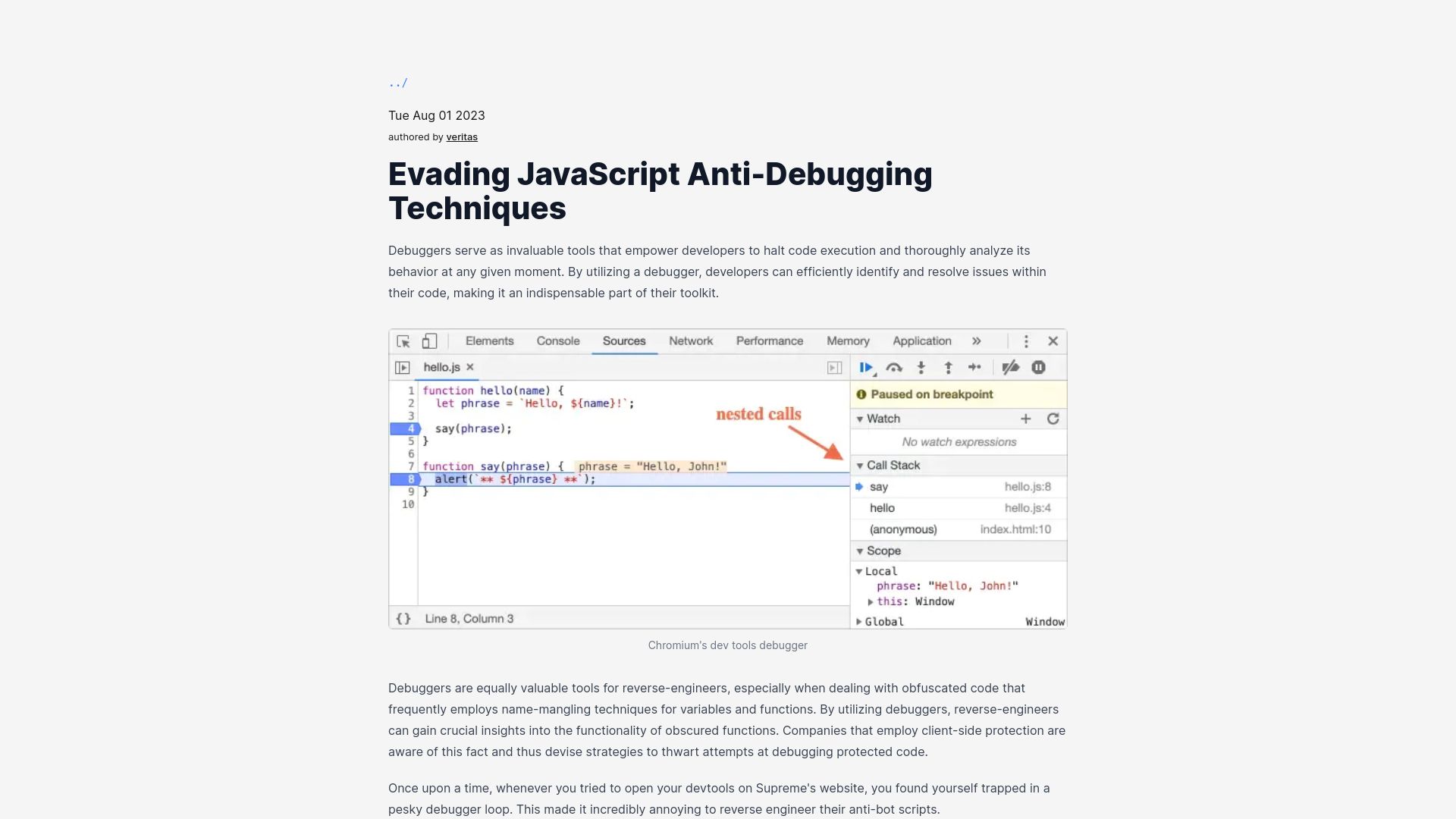 Screenshot of nullpt.rs: Evading JavaScript anti-debugging techniques
