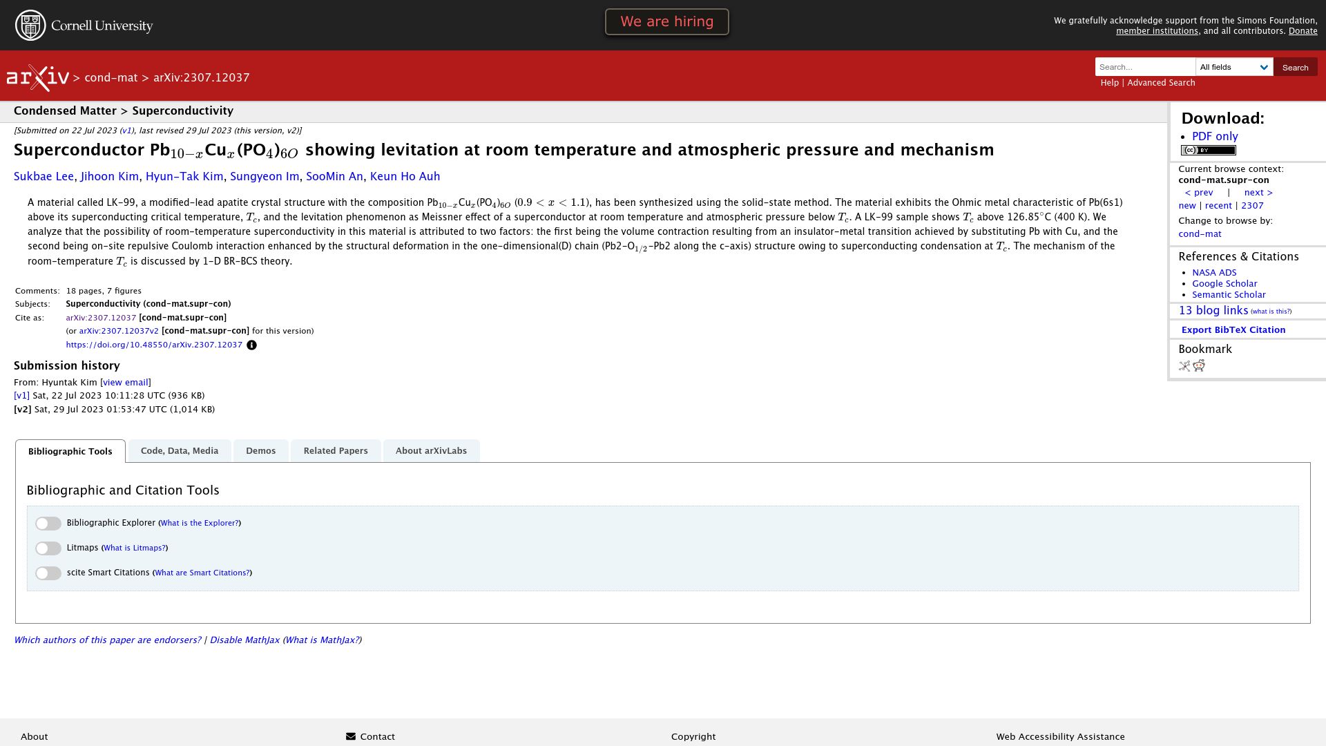 Screenshot of arxiv.org: Superconductor showing levitation at room temperature and atmospheric pressure