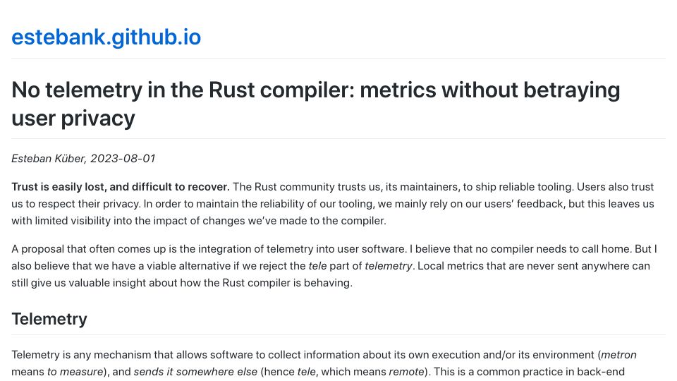 Screenshot of estebank.github.io: No telemetry in the Rust compiler: metrics without betraying user privacy