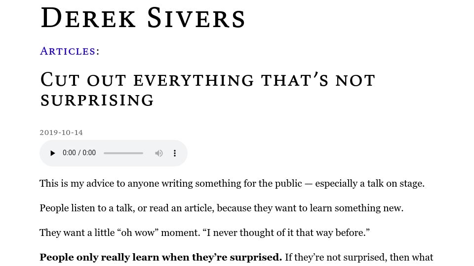 Screenshot of sive.rs: Cut out everything that's not surprising (2019)