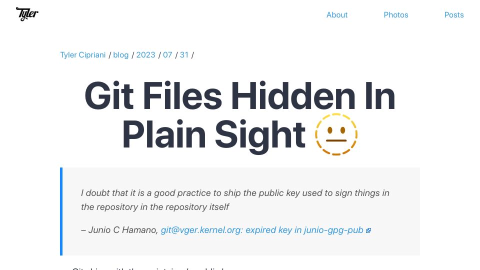 Screenshot of tylercipriani.com: Git files hidden in plain sight