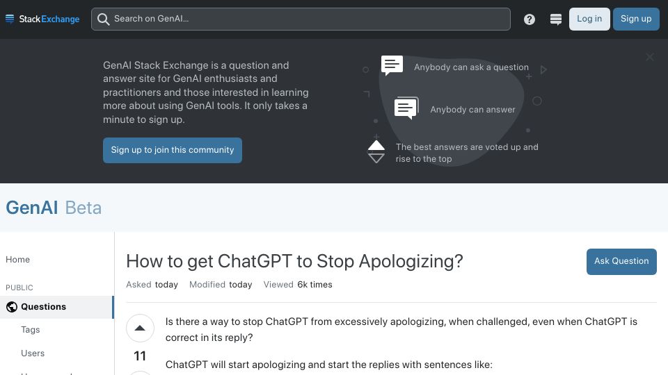 Screenshot of genai.stackexchange.com: How to get ChatGPT to stop apologizing?