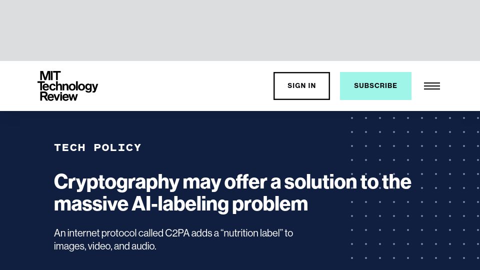 Screenshot of technologyreview.com: Cryptography may offer a solution to the AI-labeling problem