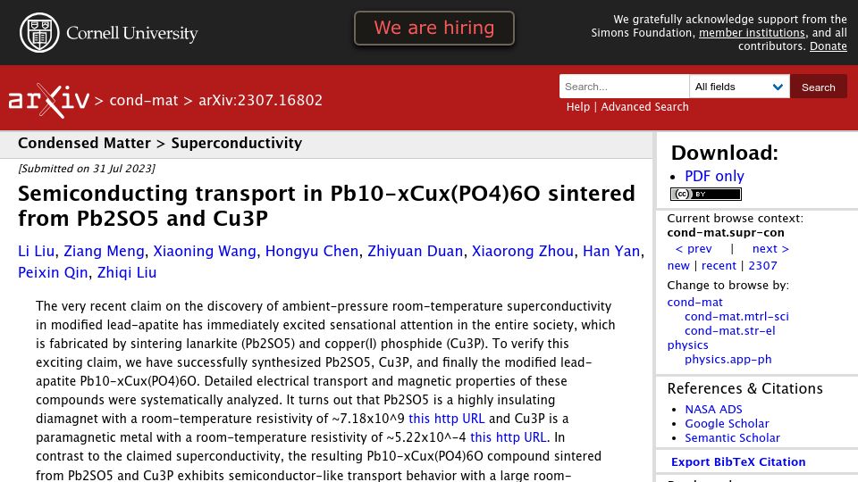 Screenshot of arxiv.org: Semiconducting Transport in LK99 reproduction attempt